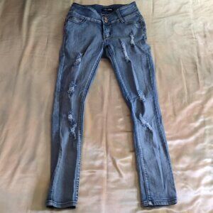 Fashion Nova Distressed Jeans 5/6 Rips Stretch Y2K Skinny Blue Denim Faded 3 Btn